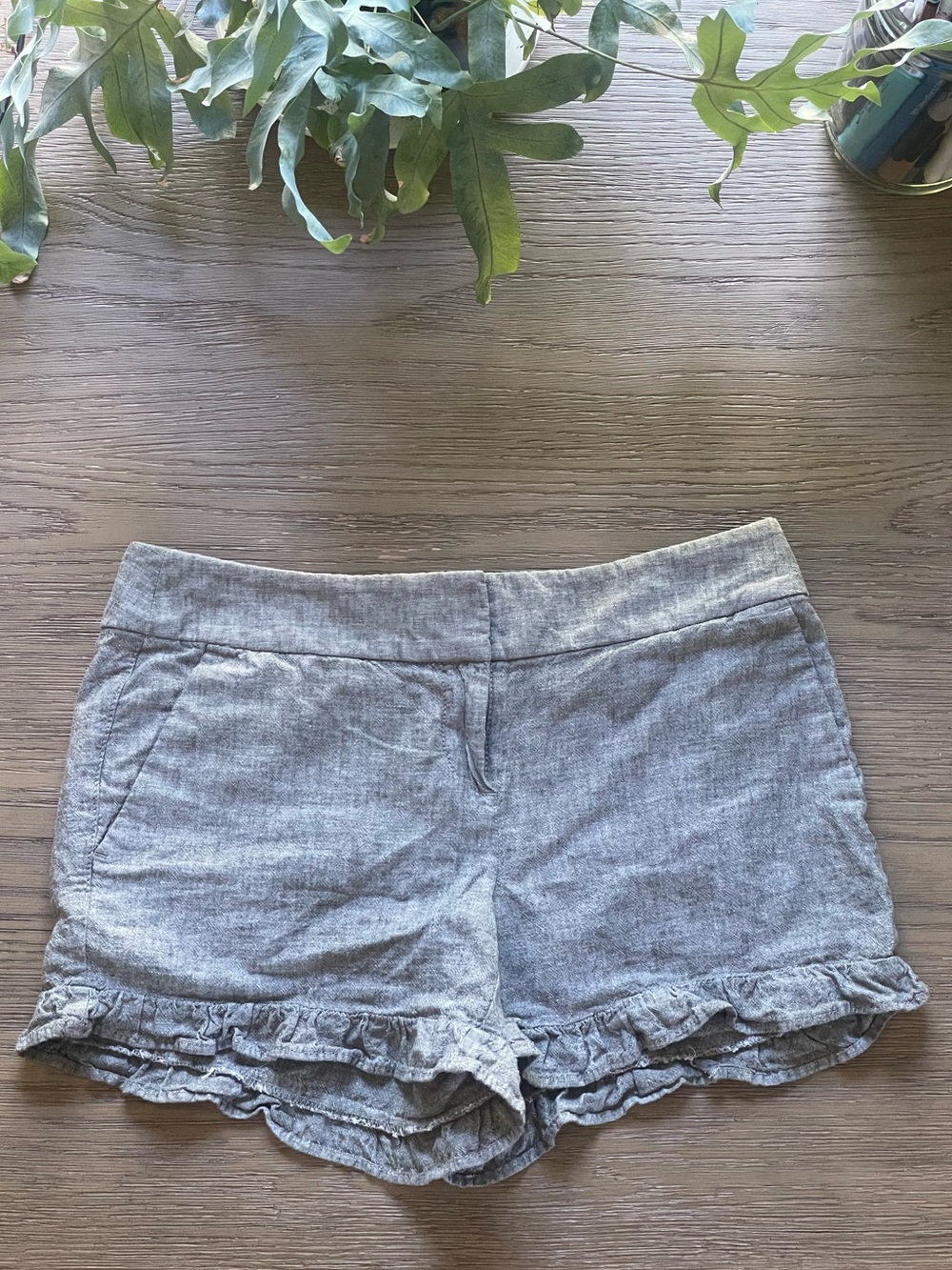 Women's Green-ish Gray Chambray Ruffle Hem Shorts Cotton Linen Blend